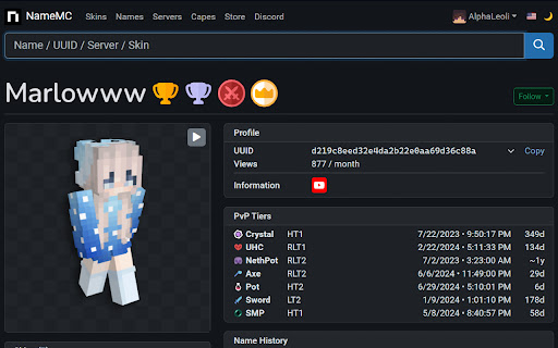 NameMC PvP Tiers Display from Chrome web store to be run with OffiDocs Chromium online NameMC PvP Tiers Display from Chrome web store to be run with OffiDocs Chromium online