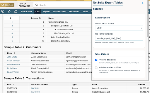 NetSuite Export Tables and Lists from Chrome web store to be run with OffiDocs Chromium online NetSuite Export Tables and Lists from Chrome web store to be run with OffiDocs Chromium online