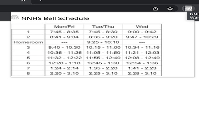 NNHS Bell Schedule from Chrome web store to be run with OffiDocs Chromium online NNHS Bell Schedule from Chrome web store to be run with OffiDocs Chromium online