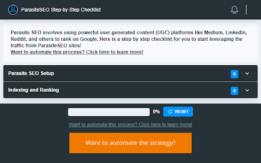 ParasiteSEO Step by Step Checklist from Chrome web store to be run with OffiDocs Chromium online ParasiteSEO Step by Step Checklist from Chrome web store to be run with OffiDocs Chromium online