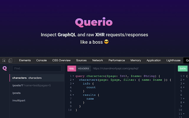 Querio GraphQL and XHR requests inspector from Chrome web store to be run with OffiDocs Chromium online Querio GraphQL and XHR requests inspector from Chrome web store to be run with OffiDocs Chromium online