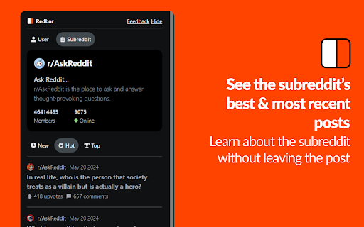 Redbar: Sidebar for Reddit from Chrome web store to be run with OffiDocs Chromium online Redbar: Sidebar for Reddit from Chrome web store to be run with OffiDocs Chromium online