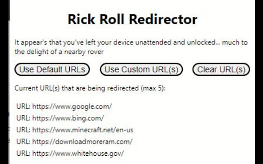 Rick Roll Redirector from Chrome web store to be run with OffiDocs Chromium online Rick Roll Redirector from Chrome web store to be run with OffiDocs Chromium online