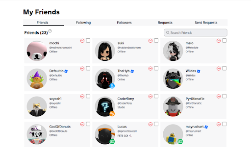 Roblox Friend Remover Button from Chrome web store to be run with OffiDocs Chromium online Roblox Friend Remover Button from Chrome web store to be run with OffiDocs Chromium online
