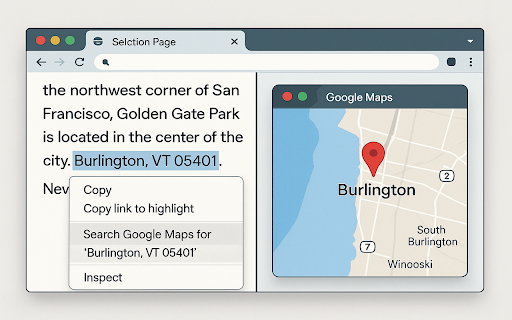 Search Selected Text in Google Maps from Chrome web store to be run with OffiDocs Chromium online Search Selected Text in Google Maps from Chrome web store to be run with OffiDocs Chromium online