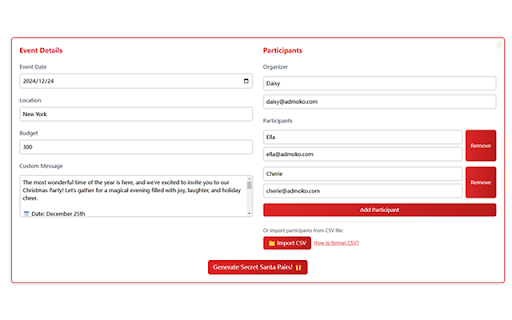 Secret Santa Generator from Chrome web store to be run with OffiDocs Chromium online Secret Santa Generator from Chrome web store to be run with OffiDocs Chromium online
