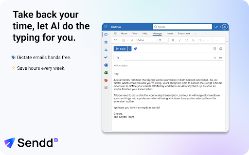 Sendd AI Dictation for Gmail and Outlook from Chrome web store to be run with OffiDocs Chromium online Sendd AI Dictation for Gmail and Outlook from Chrome web store to be run with OffiDocs Chromium online