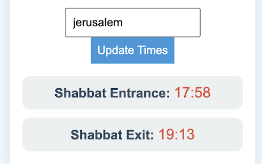 Shabbat Times from Chrome web store to be run with OffiDocs Chromium online Shabbat Times from Chrome web store to be run with OffiDocs Chromium online