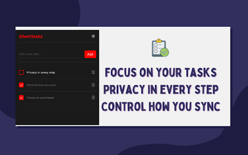 SilentTasks – A Private Todo List from Chrome web store to be run with OffiDocs Chromium online SilentTasks – A Private Todo List from Chrome web store to be run with OffiDocs Chromium online
