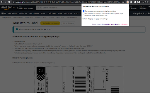 Single Page Amazon Return Labels from Chrome web store to be run with OffiDocs Chromium online Single Page Amazon Return Labels from Chrome web store to be run with OffiDocs Chromium online