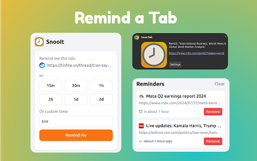 SnooIt Smart Tab Reminders from Chrome web store to be run with OffiDocs Chromium online SnooIt Smart Tab Reminders from Chrome web store to be run with OffiDocs Chromium online