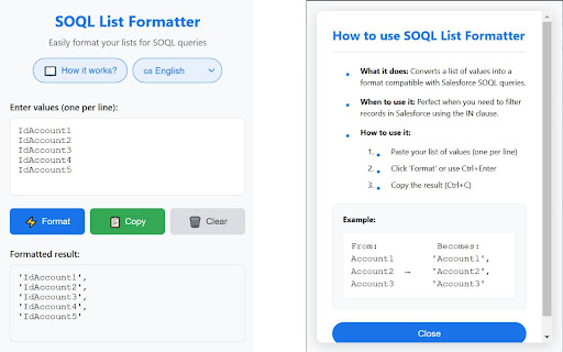 SOQL List Formatter from Chrome web store to be run with OffiDocs Chromium online SOQL List Formatter from Chrome web store to be run with OffiDocs Chromium online