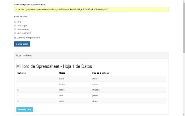 Spreadsheet to HTML with Bootstrap from Chrome web store to be run with OffiDocs Chromium online Spreadsheet to HTML with Bootstrap from Chrome web store to be run with OffiDocs Chromium online