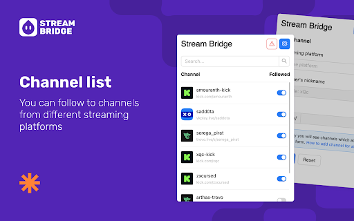 Stream Bridge Watch everyone on Twitch from Chrome web store to be run with OffiDocs Chromium online Stream Bridge Watch everyone on Twitch from Chrome web store to be run with OffiDocs Chromium online