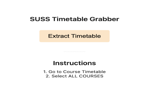 SUSS Timetable Grabber from Chrome web store to be run with OffiDocs Chromium online SUSS Timetable Grabber from Chrome web store to be run with OffiDocs Chromium online