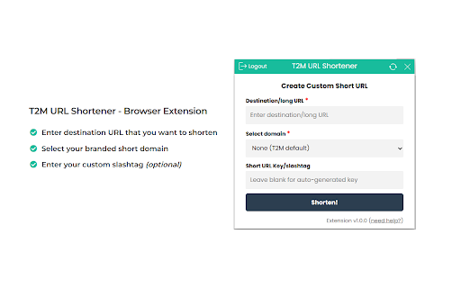 T2M URL Shortener from Chrome web store to be run with OffiDocs Chromium online T2M URL Shortener from Chrome web store to be run with OffiDocs Chromium online