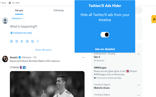 Twitter/X Ads Hider from Chrome web store to be run with OffiDocs Chromium online Twitter/X Ads Hider from Chrome web store to be run with OffiDocs Chromium online