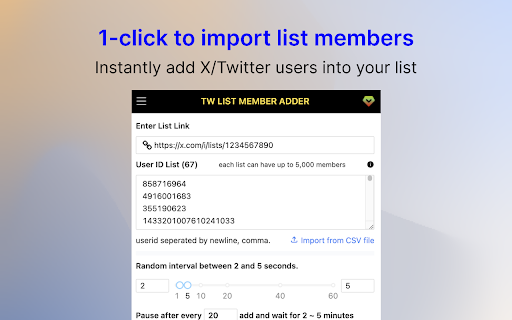 TwListMemberAdder X Bulk Add List Members from Chrome web store to be run with OffiDocs Chromium online TwListMemberAdder X Bulk Add List Members from Chrome web store to be run with OffiDocs Chromium online