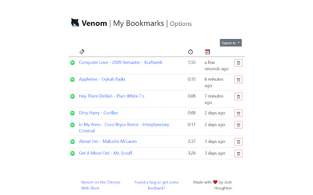Venom: Instant Music Bookmarker from Chrome web store to be run with OffiDocs Chromium online Venom: Instant Music Bookmarker from Chrome web store to be run with OffiDocs Chromium online
