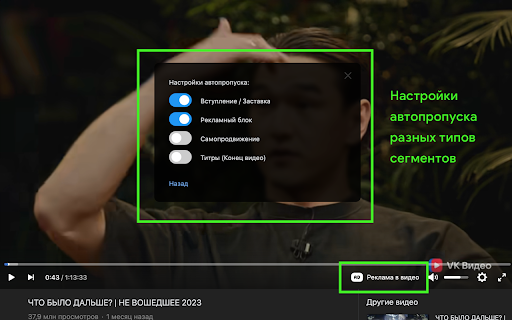 VKADSKIP пропуск рекламы внутри видео from Chrome web store to be run with OffiDocs Chromium online VKADSKIP пропуск рекламы внутри видео from Chrome web store to be run with OffiDocs Chromium online