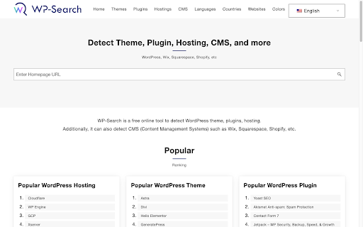 WP Search WordPress Theme, Plugin, Hosting Detector from Chrome web store to be run with OffiDocs Chromium online WP Search WordPress Theme, Plugin, Hosting Detector from Chrome web store to be run with OffiDocs Chromium online