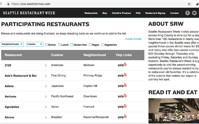 Yelp for Seattle Restaurant Week from Chrome web store to be run with OffiDocs Chromium online Yelp for Seattle Restaurant Week from Chrome web store to be run with OffiDocs Chromium online