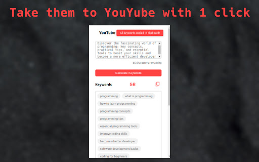 YouTube K(AI)words Generator from Chrome web store to be run with OffiDocs Chromium online YouTube K(AI)words Generator from Chrome web store to be run with OffiDocs Chromium online