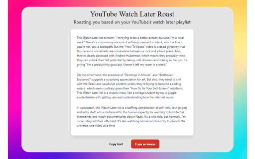 YT Watch Later Roaster from Chrome web store to be run with OffiDocs Chromium online YT Watch Later Roaster from Chrome web store to be run with OffiDocs Chromium online