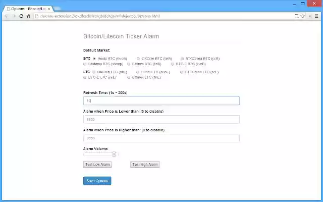 Bitcoin/Litecoin Ticker Alarm from Chrome web store to be run with OffiDocs Chromium online Bitcoin/Litecoin Ticker Alarm from Chrome web store to be run with OffiDocs Chromium online