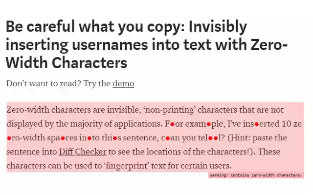 Detect Zero Width Characters from Chrome web store to be run with OffiDocs Chromium online Detect Zero Width Characters from Chrome web store to be run with OffiDocs Chromium online