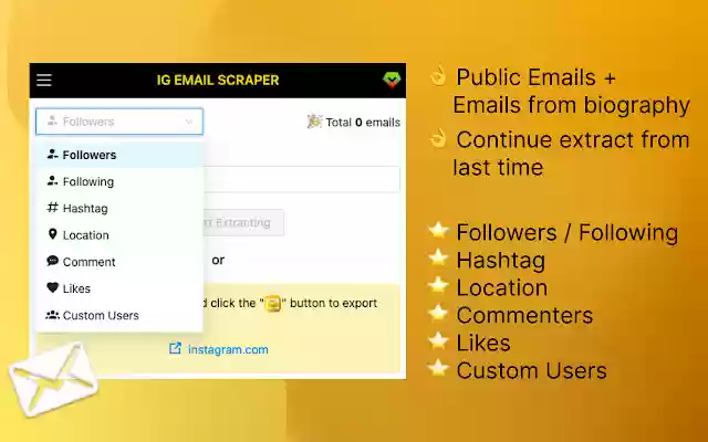 EmailFox IG Email Extractor and Scraper from Chrome web store to be run with OffiDocs Chromium online EmailFox IG Email Extractor and Scraper from Chrome web store to be run with OffiDocs Chromium online