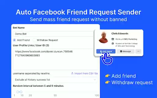 FriendReq Bulk Friend Request from Chrome web store to be run with OffiDocs Chromium online FriendReq Bulk Friend Request from Chrome web store to be run with OffiDocs Chromium online