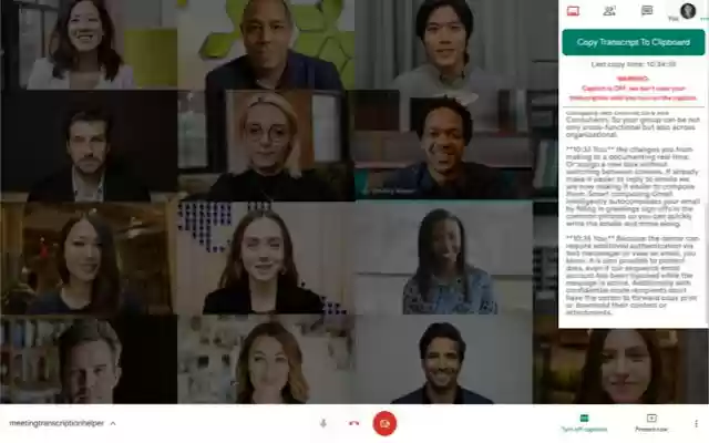 Google Meet Plus Meeting Transcripts from Chrome web store to be run with OffiDocs Chromium online Google Meet Plus Meeting Transcripts from Chrome web store to be run with OffiDocs Chromium online