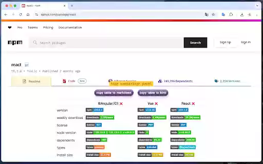 npm comparison from Chrome web store to be run with OffiDocs Chromium online npm comparison from Chrome web store to be run with OffiDocs Chromium online