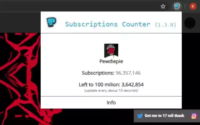 Pewdiepie Subscriptions Counter from Chrome web store to be run with OffiDocs Chromium online Pewdiepie Subscriptions Counter from Chrome web store to be run with OffiDocs Chromium online
