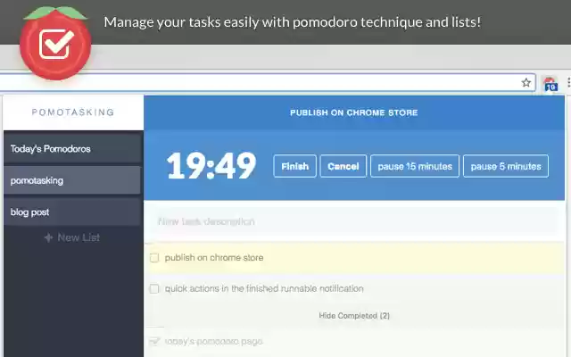 Pomotasking: Tasks lists with Pomodoro Timer from Chrome web store to be run with OffiDocs Chromium online Pomotasking: Tasks lists with Pomodoro Timer from Chrome web store to be run with OffiDocs Chromium online