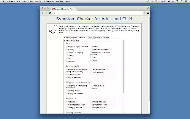Symptom Checker for Adult and Child from Chrome web store to be run with OffiDocs Chromium online Symptom Checker for Adult and Child from Chrome web store to be run with OffiDocs Chromium online