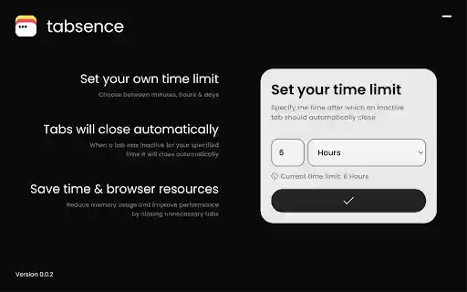 Tabsence: Inactive Tab Manager from Chrome web store to be run with OffiDocs Chromium online Tabsence: Inactive Tab Manager from Chrome web store to be run with OffiDocs Chromium online