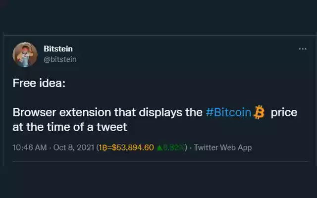 Tweet Bitcoin Price from Chrome web store to be run with OffiDocs Chromium online Tweet Bitcoin Price from Chrome web store to be run with OffiDocs Chromium online