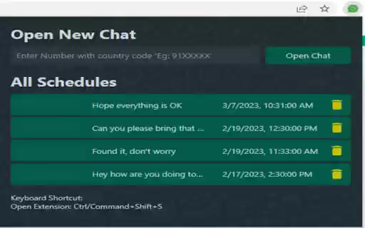 WA Schedule Messages from Chrome web store to be run with OffiDocs Chromium online WA Schedule Messages from Chrome web store to be run with OffiDocs Chromium online