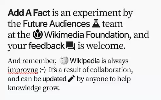 Wikipedia Add A Fact from Chrome web store to be run with OffiDocs Chromium online Wikipedia Add A Fact from Chrome web store to be run with OffiDocs Chromium online