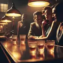 1950 dark bar table lamps flirting men white lady in blue four full shot glasses noire