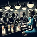 1950 deep shadows bar flirting men one white lady in blue four full shot glasses noire nighthawks at the diner