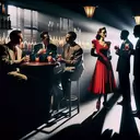 1950 deep shadows cartoon bar four flirting men one white lady in red four full shot glasses by lady in center film noire