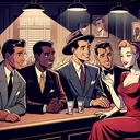 1950 deep shadows cartoon bar four flirting men one white lady in red in center film noire