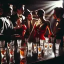 1950 deep shadows cartoon bar four flirting men one white lady in red many shot glasses by lady in center film noire