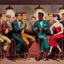 1950 dimly cartoon bar five men one white lady in red