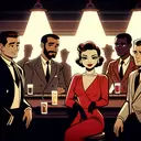 1950 dimly cartoon bar five men one white lady in red in center film noire