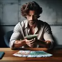 a curly head guy doing a money spread on his hands and forearm