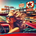 blonde convertible texaco sign freeway hair flying